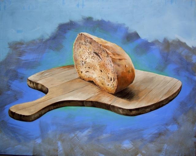 Oil painting of a loaf of bread on a wooden board