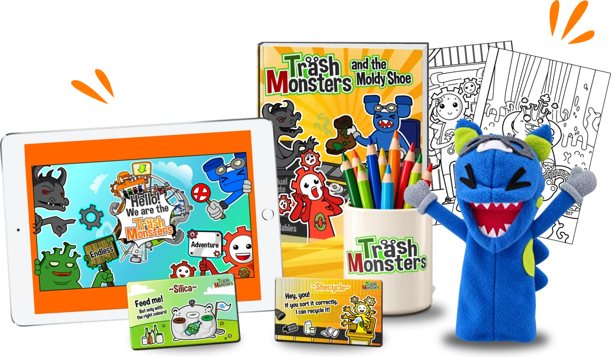 Trash Monsters on a tablet, with picture book, colouring pages, sorting cards and a monster hand puppet