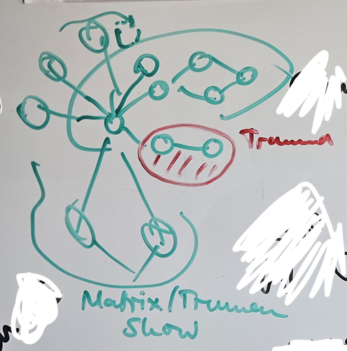 Whiteboard sketch: a mental graph with a trauma region circled in red