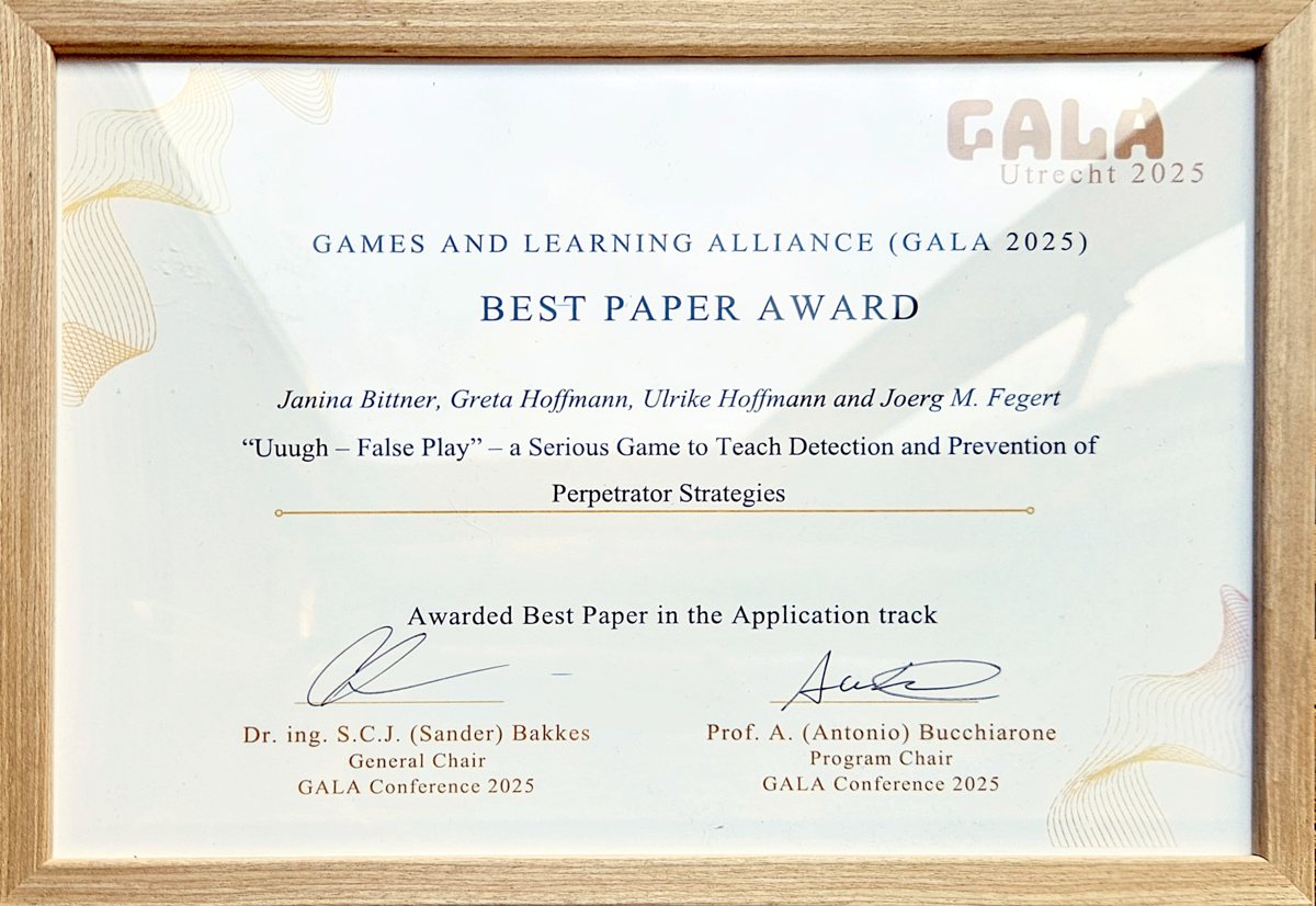 Framed GALA 2025 Best Paper Award certificate for “Uuugh – False Play”
